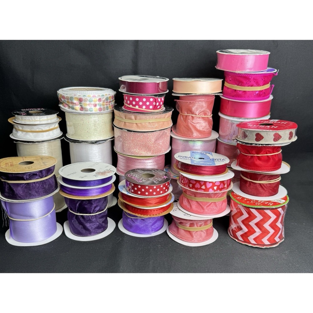 Lot Of 35 Assorted Craft Ribbon Pinks Purples & Reds Used & New Rolls